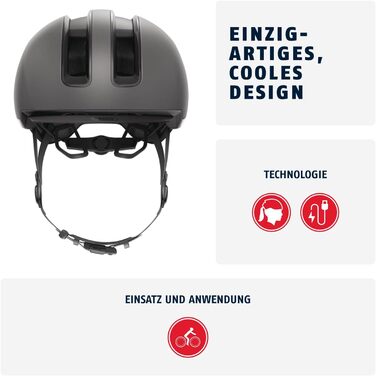 Велошолом ABUS HUD-Y Urban з магнітним LED-ліхтарем, магнітна застібка, для міста, для жінок і чоловіків, розмір L (57-61 см), титан/червоний