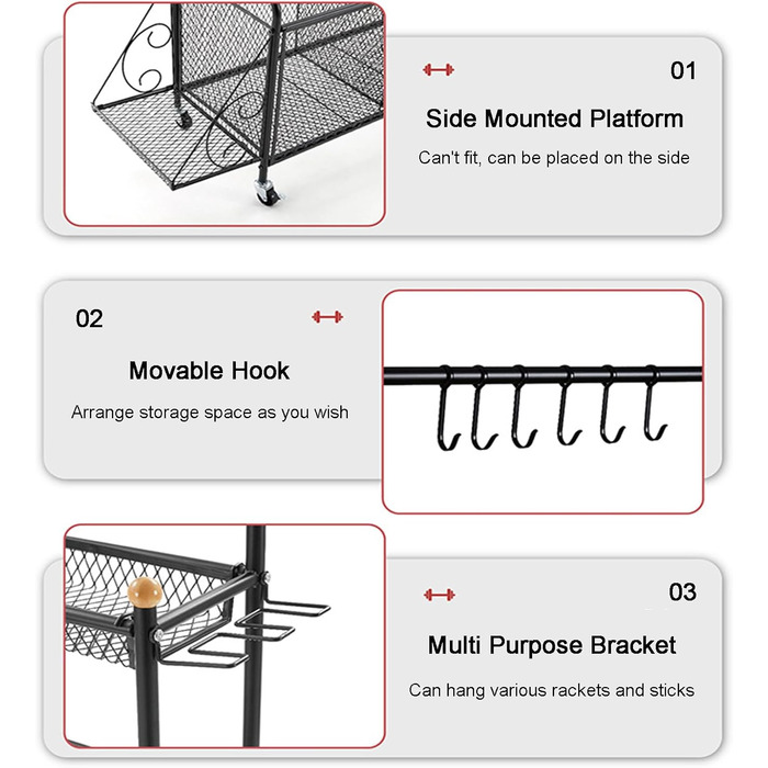 Стенд для зберігання тренувального обладнання: килимки для йоги, гантелі, штанги. З колесами та гаками. Чорний.