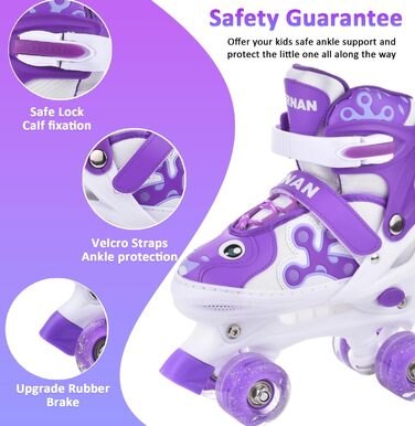 Роликові ковзани ERAN для дітей та дорослих, регульовані, світлодіодні, комфортні, ідеальні для початківців та подарунок на свята, фіолетовий колір