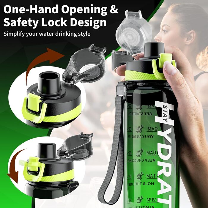 Спортивна пляшка для води 1л Tritan без BPA з маркуванням часу, 1 літр, витокозахисна, для фітнесу, активного відпочинку, спортзалу, школи