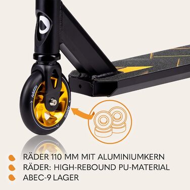 Скутер LIONELO WHIZZ Stunt - трюковий, підшипники ABEC-9, алюмінієва дека, система HIC, колеса 110мм, широке кермо, гальма Flex Fender MN Steel, чорний, унікальний дизайн