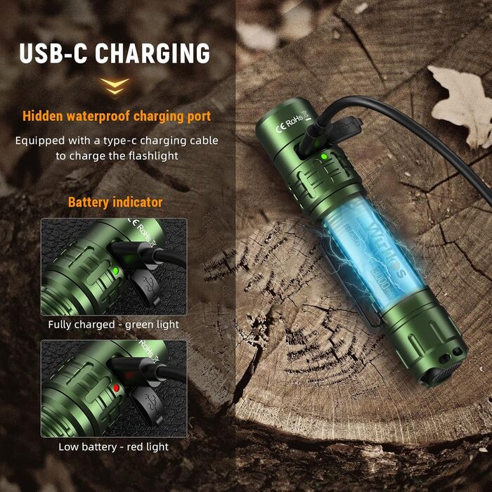 Wurkkos TD02 тактична ліхтарик LED, 2000 люмен, USB-C, водонепроникний IP68, 6 режимів, компактний, для активностей на відкритому повітрі та в приміщенні (зелений)