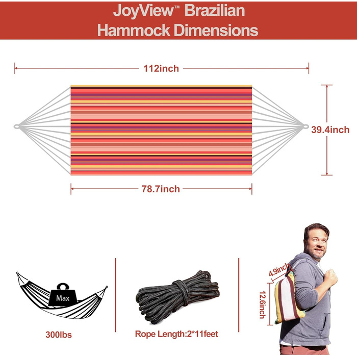 Гамак JoyView бразильський одинарний 200x100 см, червоний, з мотузками та сумкою, вантажопідйомність 136 кг для тераси та дому