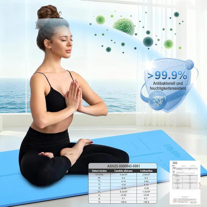 Килимок для йоги з натурального каучуку та TPE, протиковзкий, з розміткою, унікальний дизайн, з ремінєм, екологічний, для подорожей, пілатесу, йоги, фітнесу, синій, 6 мм