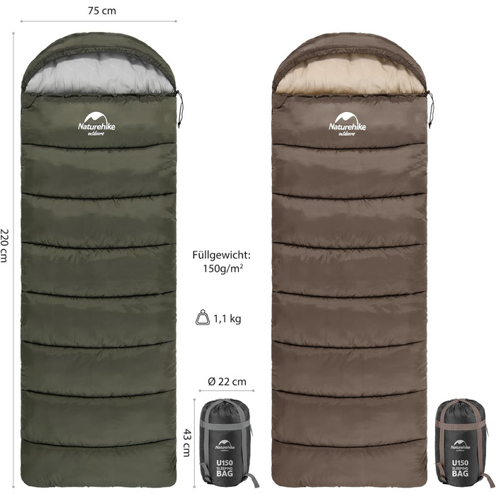 Спальний мішок Naturehike - 7°C, для походів та кемпінгу, U-колір