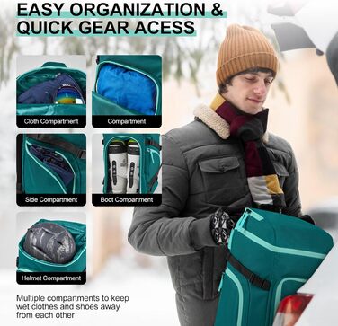 Сумка для лиж Odoland Skitasche Set, водонепроникна, для подорожей, вміщує лижі до 200 см, для чоловіків та жінок (Pfauenblau)
