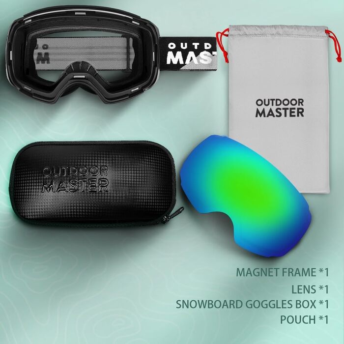 OutdoorMaster PRO: Скі-маска унісекс з змінними лінзами для жінок та чоловіків. Захист від сонця 100% UV, антитуманна, для носіння з окулярами. Підходить для сноуборду та лиж. Чорний каркас з лінзою Revogreen VLT18%