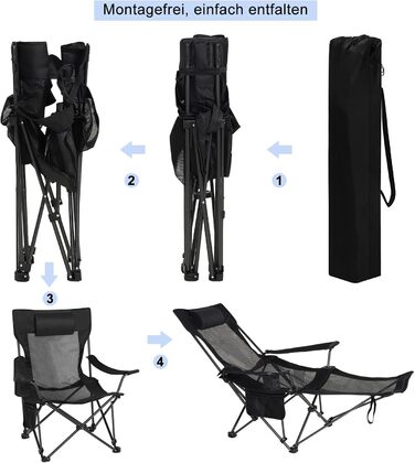 Складний стілець для кемпінгу eSituro, риболовний стілець, стілець для відпочинку на природі з підставкою для ніг та тримачем для напоїв, пляжний стілець з регульованою спинкою (Чорний)