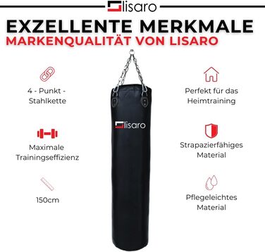 Боксерський мішок Lisaro Profi 150 x 35 см, наповнений, для боксу, кікбоксингу та MMA, штучна шкіра (вініл), з 4-точковим сталевим ланцюгом, чорний