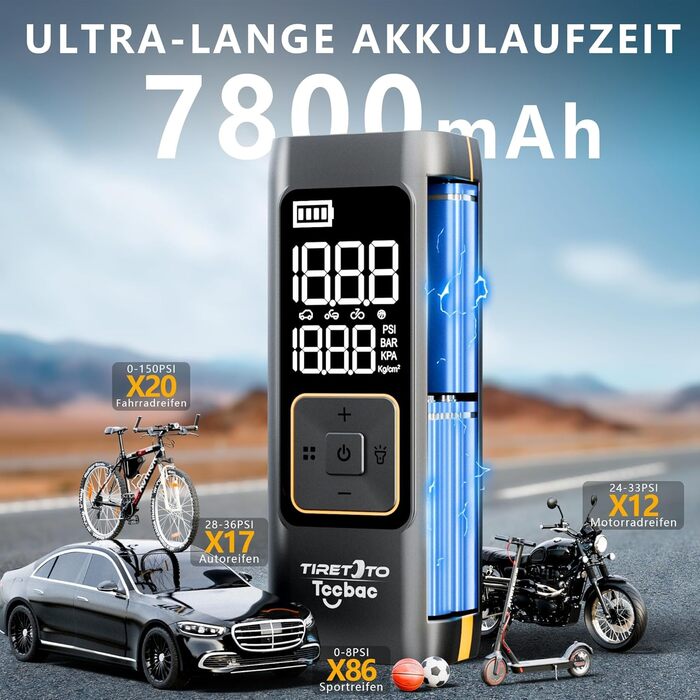 Електричний насос Tccbac 12V 7800mAh, портативний компресор 150PSI з LED підсвіткою, манометром та Powerbank для авто, мотоцикла, велосипеда і м'ячів