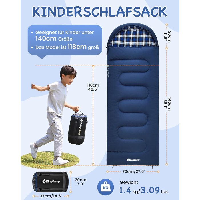Спальний мішок дитячий KingCamp Flannel, 7°C, Navy, для дітей до 140 см, 4 сезони, водонепроникний, компактний