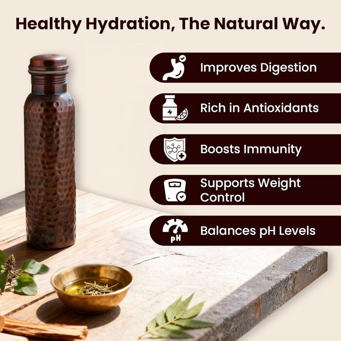 Фляга для води з міді, 1000 мл, античний дизайн, з кришкою та сумкою. Ідеально для офісу та йоги. (1 шт.)