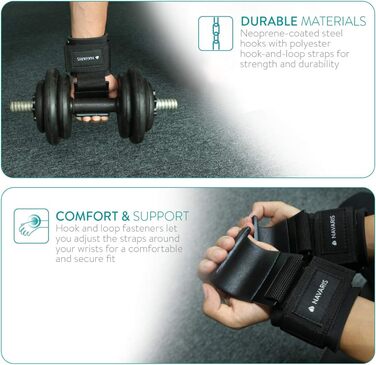 Набори для тяги Navaris з гачками для силових тренувань - захист суглобів, фітнес, бодібілдинг - професійні ремені для важкої атлетики з металевими гачками, чорний