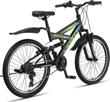 Гірський велосипед Licorne Bike PREMIUM Strong V 24 дюйми, 21 швидкість, повна амортизація, чорний/синій/лайм, для хлопців, дівчат, жінок і чоловіків