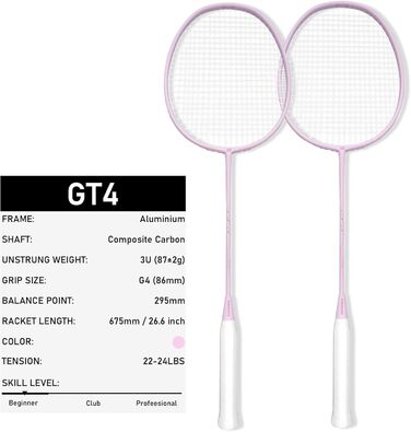 Набір для бадмінтону OGEENIER: 2 ракетки, обмотка, 2 волани, 1 ракетка з сумкою (білий, рожевий, 3 1/4 дюйма)