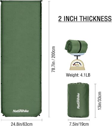 Надувна ізольована каремат Naturehike для кемпінгу та подорожей, 6 см, сірий/темно-зелений