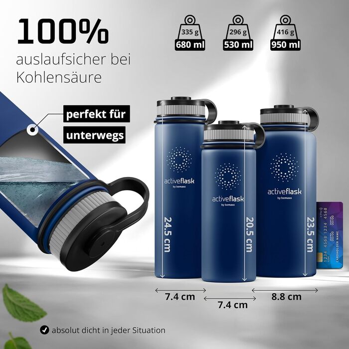 Фляга ACTIVE FLASK з нержавіючої сталі з трубочкою (3 кришки), BPA-free, не протікає, підходить для газованої води - спортивна пляшка, термопляшка, ізотермічна пляшка для води, дитяча пляшка для чаю (680 мл, темно-синій)
