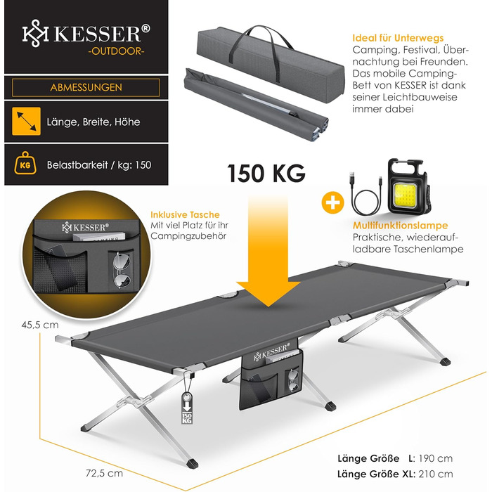 Кемпінгове ліжко KESSER® розкладне, з сумкою, ліхтарем та кишенею, 190/210 см, металевий каркас, 150 кг, 600D Oxford