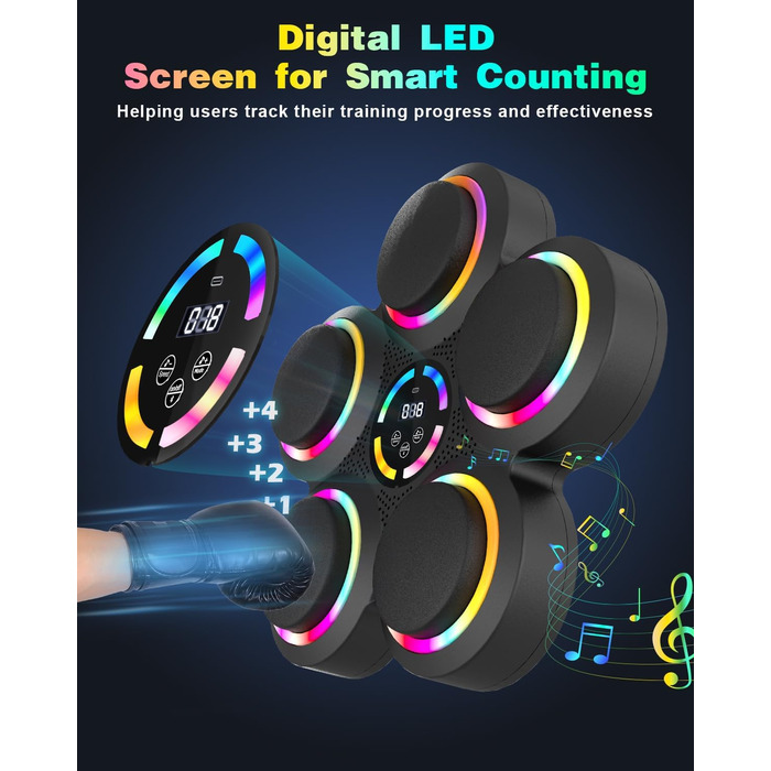 Музична бокс-машина з LED-підсвіткою та Bluetooth, 9 режимів швидкості та лічильник ударів, для дорослих та дітей, 5 ударних подушок