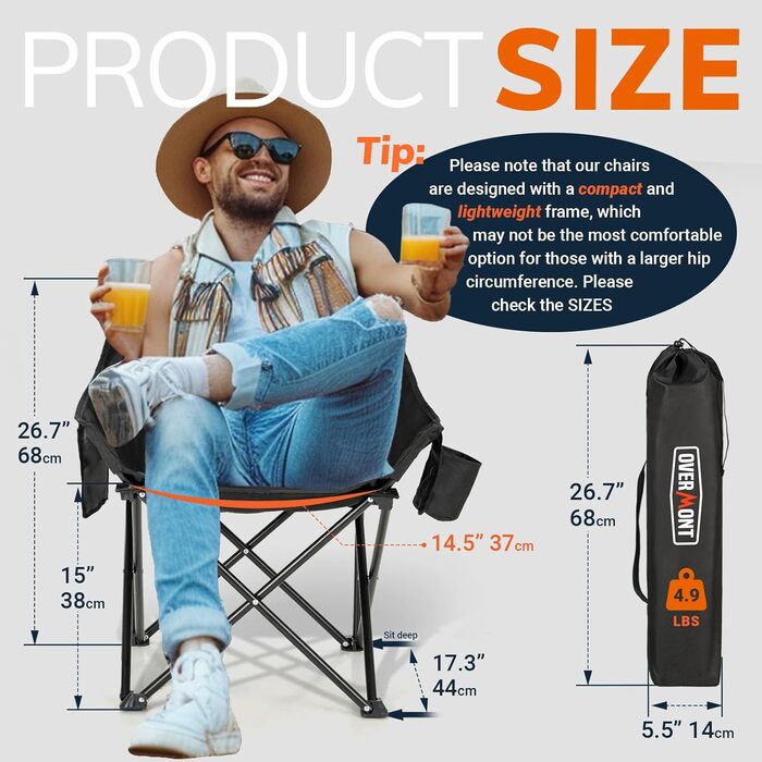 Складний туристичний стілець OVERMONT 2 шт. - до 135 кг, для кемпінгу, саду, балкону, пляжу, риболовлі, чорний