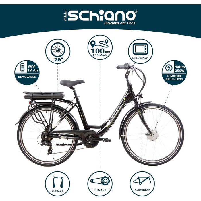 Електровелосипед F.lli Schiano E-Moon 26'' для чоловіків і жінок, 36V акумулятор, до 25 км/год, з багажником, чорний