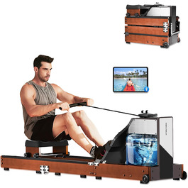 Гребний тренажер для дому з водним опором, 5 рівнів налаштування, 120 кг вантажопідйомність, сумісність з додатком, дуб