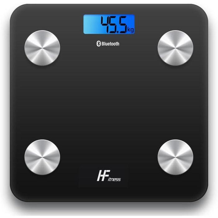 Інтелектуальна вага для тіла з Bluetooth, HFitness, вимірювання жиру, BMI, iOS/Android, чорний колір з блакитною підсвіткою