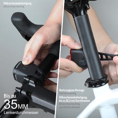 Набір велоліхтарів ADDVIEW, сертифікований StVZO, LED, IP65, водонепроникний - передній + задній ліхтар, USB Type-C, монтаж без інструментів, Twins