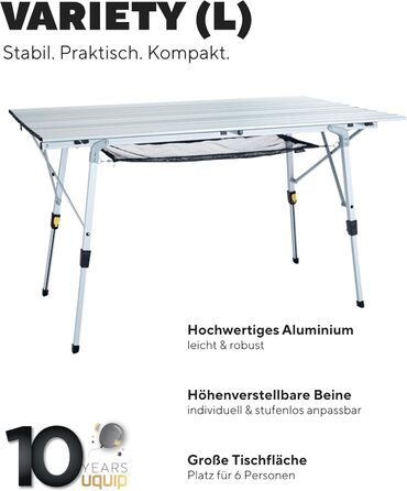 Складний стіл для кемпінгу Uquip Variety L Silver 70x51x120 см - алюмінієвий, портативний, для пікніка, саду, фестивалів