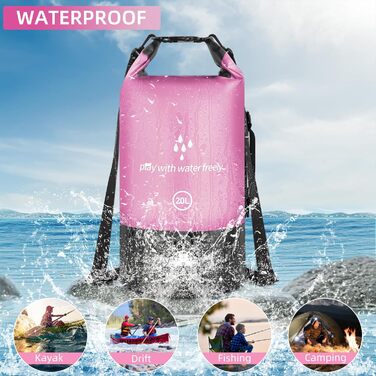 Водонепроникний сухий мішок GES 20 л Roll-Top з кишенею для телефону - для каякінгу, човнів, походів, рафтингу, плавання, кемпінгу та риболовлі (Рожевий)