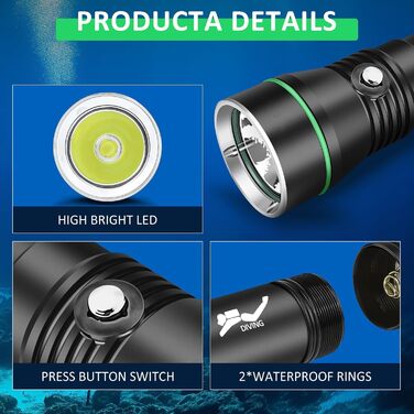 Ліхтарик підводний LED XLENTGEN 1500 люмен, USB зарядка, IPX8, 3 режими, для нічного дайвінгу та риболовлі