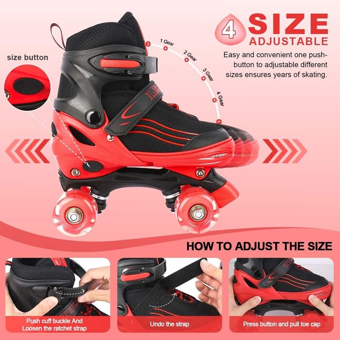 Дитячі ролики для катання: регульовані, зі світловими колесами, чорно-червоні (32-36 EU)