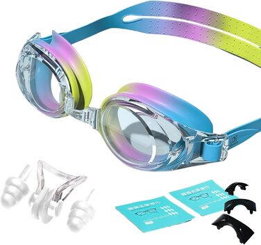 Оптична плавальна маска з діоптріями -1,5, антизапар, UV-захист, з вушними затичками, універсальний розмір, для чоловіків та жінок (Кольорова)
