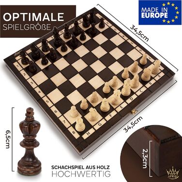 APEQi® ROYAL Шахи з масиву дерева 34,5x34,5 см, складана шахова дошка з фігурами, преміум якість, для підлітків і дорослих, подарунок, коричнево-бежевий