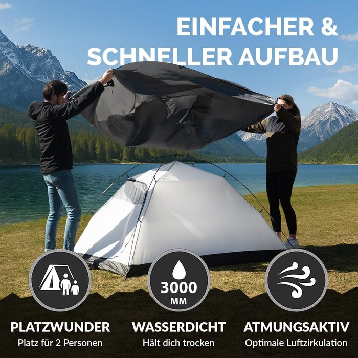 Намет MONTARAY для 2 або 4 особи: двостінний, з захистом від комарів, швидкий монтаж, водонепроникний, вітростійкий, дихаючий, легкий, компактний, з сумкою. Ідеально для кемпінгу та фестивалів (сірий)