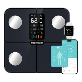 Ваги Healthkeep для вимірювання складу тіла: жир, м'язи, BMI, частота серця. Цифрова вага з дисплеєм, підключення до iOS та Android. Темний ціановий колір.