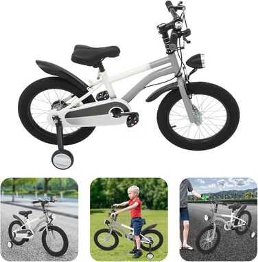 Дитячий велосипед 16 дюймів для хлопчиків та дівчаток, сталевий, 5-8 років, з додатковими колесами та регулюванням висоти (сірий+LED-ліхтар)