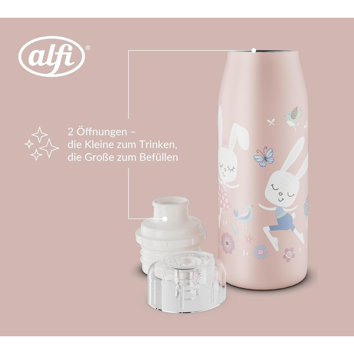 Дитяча термобутилка alfi KIDS ISO 350 мл, рожевий Балерина Зайчик, нержавіюча сталь, герметична, з кришкою, зберігає тепло 12 годин, холод 24 години, підходить для газованих напоїв, BPA-free