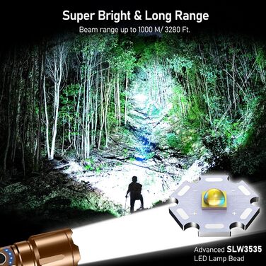 Ліхтар Blukar LED акумуляторний, 500000 люмен, тактичний, з 5 режимами, водонепроникний IP67, для кемпінгу, туризму, риболовлі та надзвичайних ситуацій (колір: коричневий)