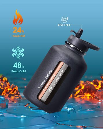 Термос-бутилка Coolflask 2 л з нержавіючої сталі з PU-чохлом, ізольована пляшка для води з кришкою та трубочкою, тримає холод 48 годин і тепло 24 години, чорна Polar