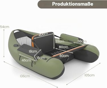 Надувний човен для рибалки HOMASIS з насосом, регульованою спинкою та тримачем для вудок, Belly Boat з алюміниевими веслами та плавниками, навантаження до 160 кг, 136 x 105 x 54 см, зелений