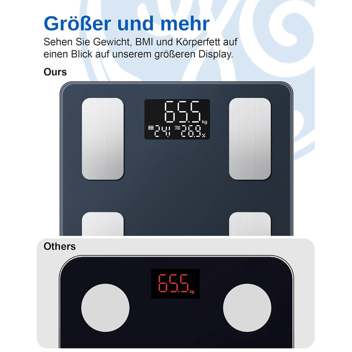 Вага для вимірювання жиру в тілі GE Smart з Bluetooth, аналіз складу тіла, BMI, великий дисплей, точність, до 180 кг, чорний