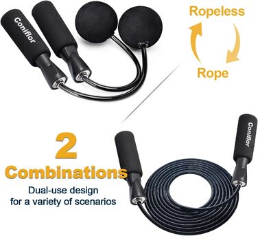 Стрибкова скакалка Coniflor 2-в-1 для жінок, чоловіків та дітей - без перекручування, з підшипниками та зручними ручками для швидких фітнес-тренувань, чорна