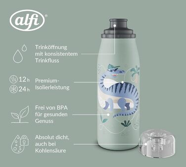Дитяча термобутилка alfi KIDS ISO 350 мл, зелена з динозаврами, з нержавіючої сталі, ізольована, герметична, з гвинтовою кришкою, зберігає тепло 12 годин, холод 24 години, підходить для газованих напоїв, BPA-free