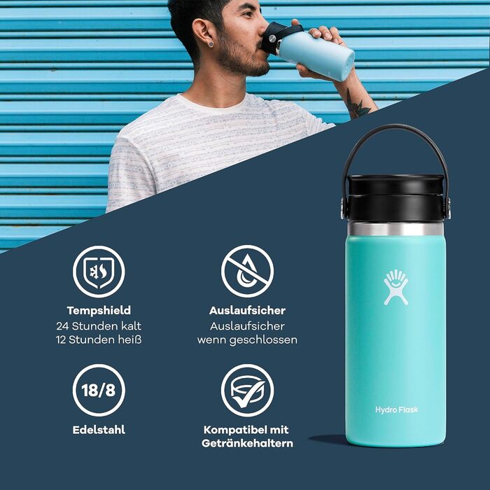Термос HYDRO FLASK 473 мл вакуумний з нержавіючої сталі, герметичний, з кришкою Flex для напоїв, для кави, синій Pacific
