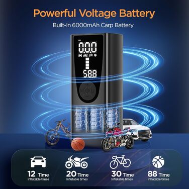 Портативний електричний насос Delgeo 12В 6000мАг, компресор 150PSI з манометром для авто, велосипедів, мотоциклів, м'ячів, автоматичне вимкнення