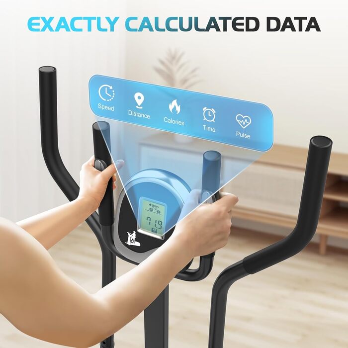 Еліптичний тренажер 2 в 1 з функцією степпера для дому, чорний. З LCD-монітором та регулюванням опору.