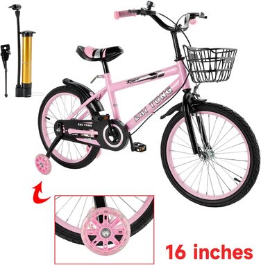 Дитяче велосипед 16 дюймів, регульоване сідло та кермо, рама з вуглецевої сталі, подвійні гальма, ударостійкі колеса, магнітні блискучі колеса, знімні додаткові колеса, для хлопчиків