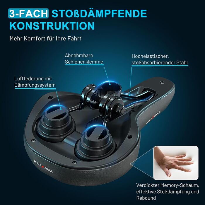 Велосипедне сідло TECHCYC з Memory Foam: комфортне, дихаюче, амортизуюче. Ергономічне сідло з підвіскою для чоловіків та жінок, 3 варіанти виконання, для трекінгу