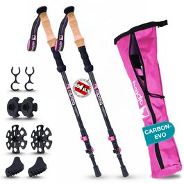Телескопічні трекінгові палиці з карбону та алюмінію для скандинавської ходьби, регульовані (65–135 см), ергономічні, рожеві